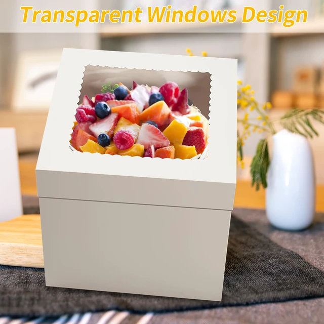 Alt view image 6 of 7 - Cake Boxes 12 inch, Cake Carrier Holder, Storage Transport Container 12×12×12 in, 4 Pcs, Thick Cardboard, Tall and Large, with Clear Window, Easy to Assemble, for Cake Pies Baked Goods