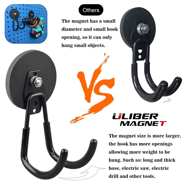 Alt view image 7 of 7 - Strong Magnetic Hooks,2 Pack Heavy Duty Large Magnetic Hooks for Extension Cord, Cable, Hose, Power Cord,Rope,Drill,Jig Saw,Circular Saw,Garden Lawn Tools (Black/3.46inch)
