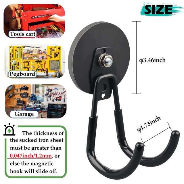 Alt view image 6 of 7 - Strong Magnetic Hooks,2 Pack Heavy Duty Large Magnetic Hooks for Extension Cord, Cable, Hose, Power Cord,Rope,Drill,Jig Saw,Circular Saw,Garden Lawn Tools (Black/3.46inch)