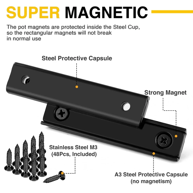 Alt view image 2 of 6 - Magnets Strips,24 Packs 80 LBS Countersunk Hole Magnet with Screws Black Heavy Duty Magnetic Plate with Rare Earth Neodymium for Cabinet Bar Flat Wall Door in Classroom Bedroom and Office