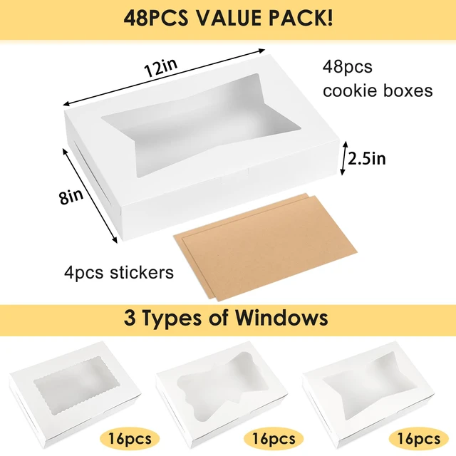 Alt view image 2 of 7 - 48pcs Cookie Boxes with 3 Style Window, 12x8x2.5In Bakery Boxes Food-grade White Treat Boxes, Dessert Boxes for Chocolate Covered Strawberries, Desserts and Cookies, with 4pcs Stickers