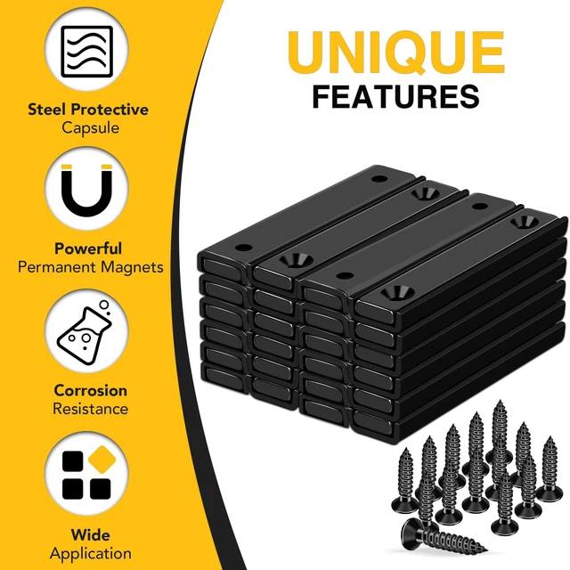 Alt view image 4 of 6 - Magnets Strips,24 Packs 80 LBS Countersunk Hole Magnet with Screws Black Heavy Duty Magnetic Plate with Rare Earth Neodymium for Cabinet Bar Flat Wall Door in Classroom Bedroom and Office