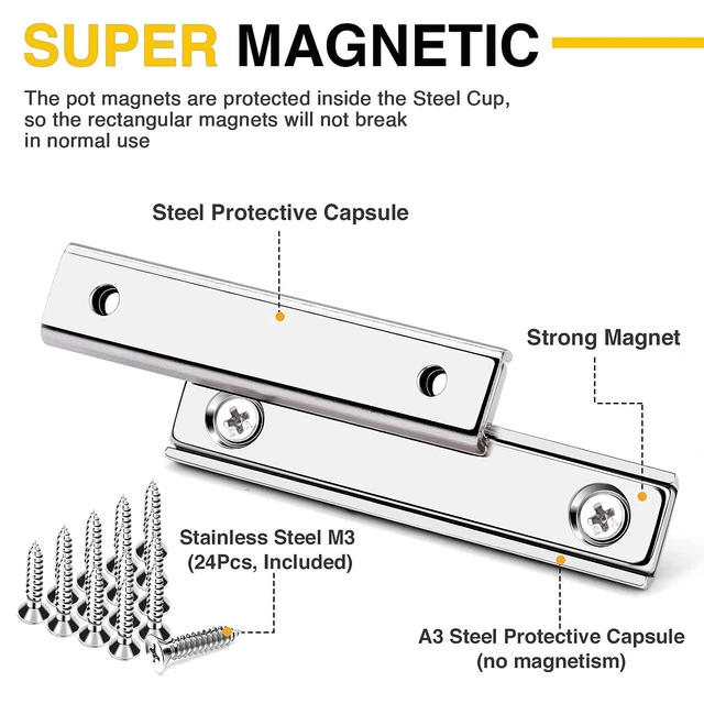 Alt view image 2 of 6 - Magnets Strips,80 LBS 24 Packs Countersunk Hole Magnet with Screws Silver Heavy Duty Magnetic Plate with Rare Earth Neodymium for Cabinet Bar Flat Wall Door in Classroom Bedroom and Office
