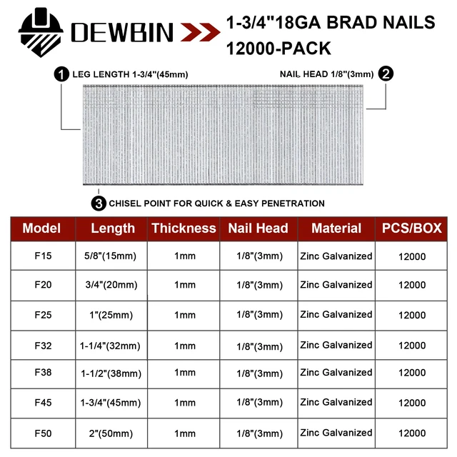 Alt view image 2 of 6 - 18 Gauge Brad Nails, 12000 Counts 1-3/4-inch 18 GA Brad Nails, Galvanized Nails for Nail Gun, Finishing Nail Gun Nails for Pneumatic, Electric Brad Nailer Gun