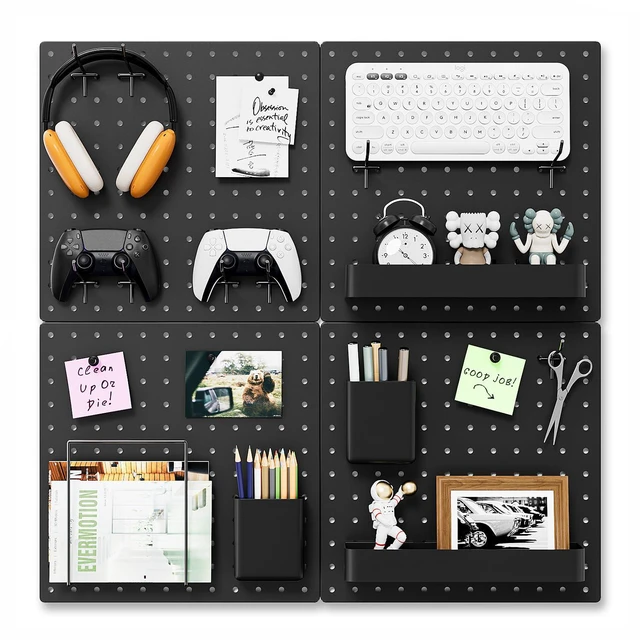 Main image of Modular Plastic Pegboard Wall Organizer Kit, Black, 12x12, 4 Panels ABS material, wall mount storage kit, includes hooks and shelves, drill free or screw installation, for home & gaming room