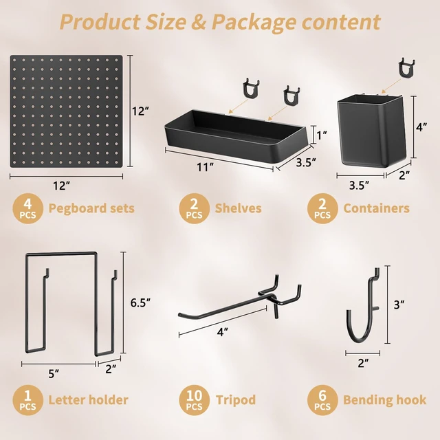 Alt view image 2 of 7 - Modular Plastic Pegboard Wall Organizer Kit, Black, 12x12, 4 Panels ABS material, wall mount storage kit, includes hooks and shelves, drill free or screw installation, for home & gaming room