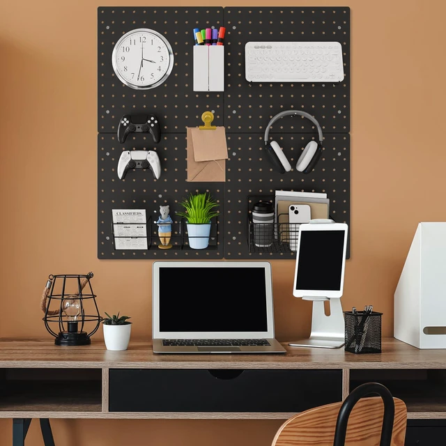Alt view image 6 of 7 - Modular Plastic Pegboard Wall Organizer Kit, Black, 12x12, 4 Panels ABS material, wall mount storage kit, includes hooks and shelves, drill free or screw installation, for home & gaming room