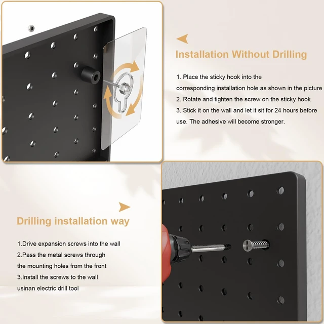 Alt view image 5 of 7 - Modular Plastic Pegboard Wall Organizer Kit, Black, 12x12, 4 Panels ABS material, wall mount storage kit, includes hooks and shelves, drill free or screw installation, for home & gaming room