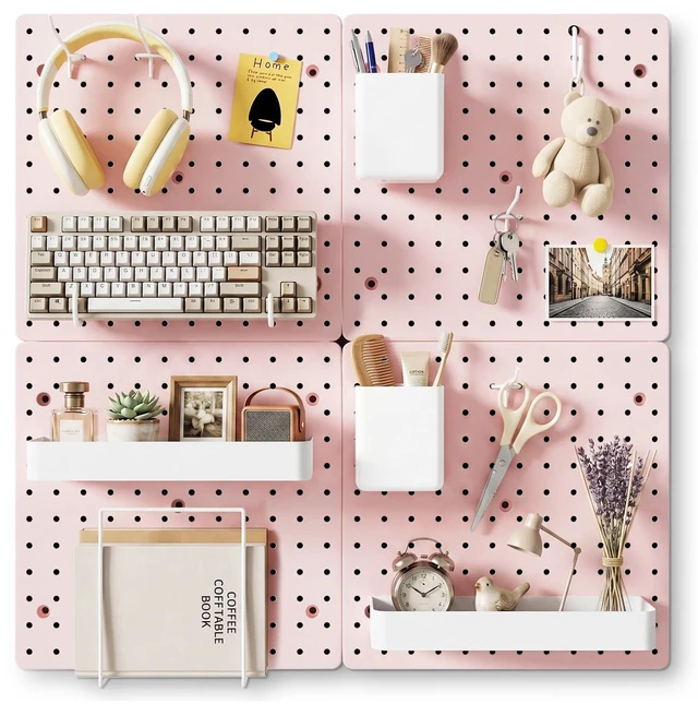 Main image of Modular Plastic Pegboard Wall Organizer Kit, Pink, 12x12, 4 Panels ABS material, wall mount storage kit, includes hooks and shelves, drill free or screw installation, for home decor& bedroom