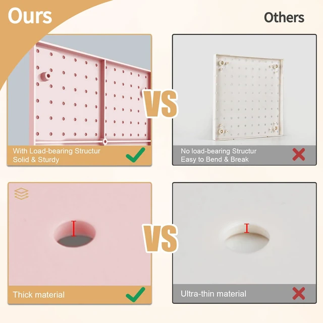 Alt view image 5 of 6 - Modular Plastic Pegboard Wall Organizer Kit, Pink, 12x12, 4 Panels ABS material, wall mount storage kit, includes hooks and shelves, drill free or screw installation, for home decor& bedroom