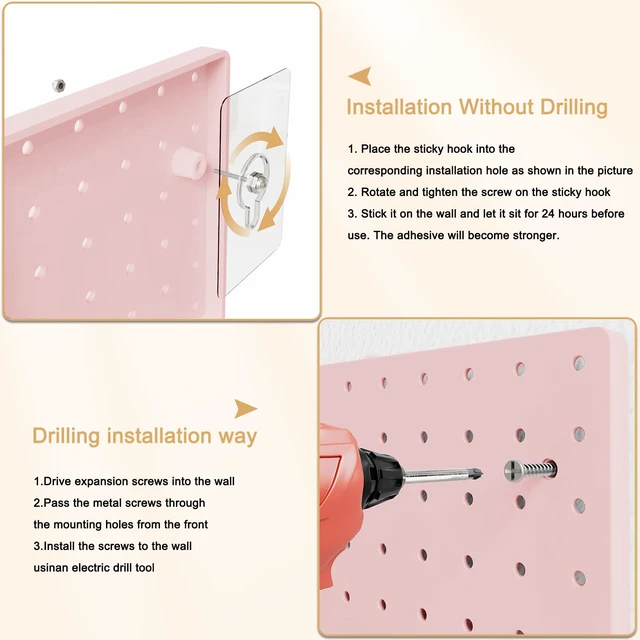 Alt view image 6 of 6 - Modular Plastic Pegboard Wall Organizer Kit, Pink, 12x12, 4 Panels ABS material, wall mount storage kit, includes hooks and shelves, drill free or screw installation, for home decor& bedroom