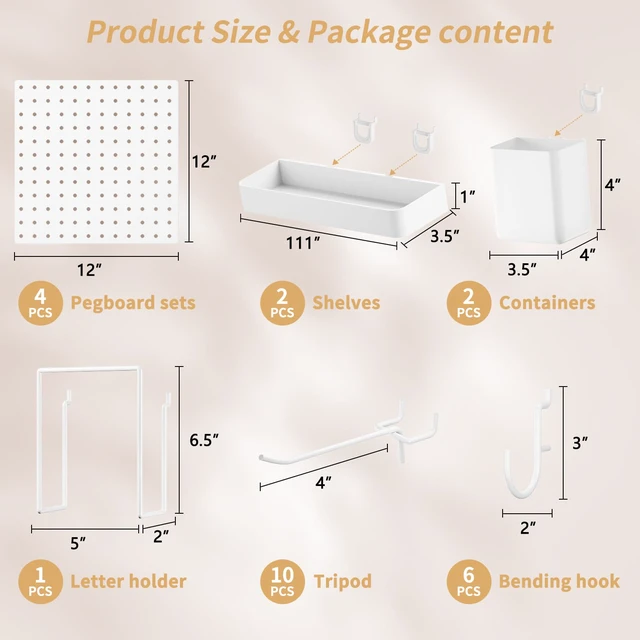 Alt view image 3 of 6 - Modular Plastic Pegboard Wall Organizer Kit, White 12x12, 4 Panels ABS material, wall mount storage kit, includes hooks and shelves, drill free or screw installation, for home decor & office