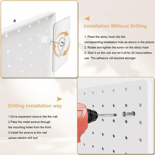 Alt view image 5 of 6 - Modular Plastic Pegboard Wall Organizer Kit, White 12x12, 4 Panels ABS material, wall mount storage kit, includes hooks and shelves, drill free or screw installation, for home decor & office