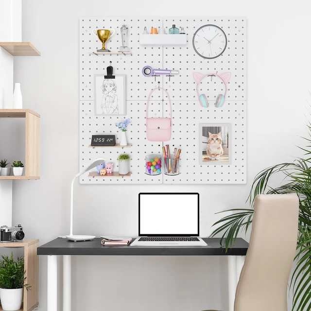 Alt view image 2 of 6 - Modular Plastic Pegboard Wall Organizer Kit, White 12x12, 4 Panels ABS material, wall mount storage kit, includes hooks and shelves, drill free or screw installation, for home decor & office