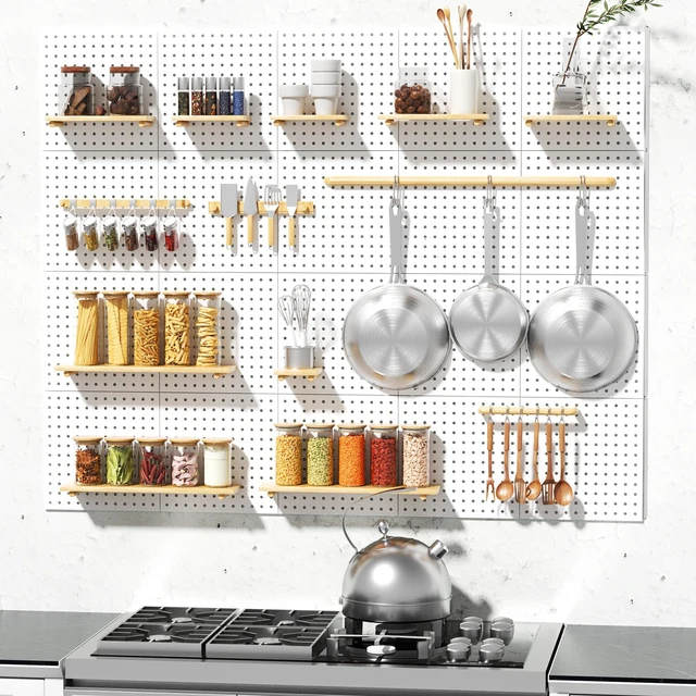 Alt view image 6 of 6 - Modular Plastic Pegboard Wall Organizer Kit, White 12x12, 4 Panels ABS material, wall mount storage kit, includes hooks and shelves, drill free or screw installation, for home decor & office