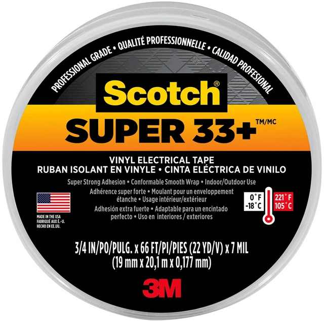 Main image of 3M Super 33+ Vinyl Electrical Tape.75-Inch x 66-Foot, Pack of 10 Rolls, Insulates and Protects Against Abrasion and Moisture, Protective Jacketing up to 600V Splice Insulation (6132-BA-10)