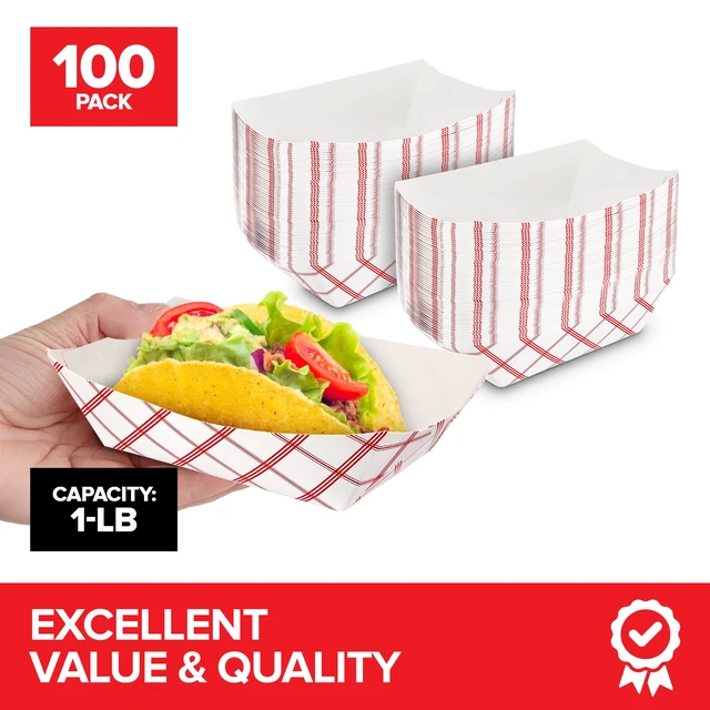 Alt view image 2 of 7 - Small Paper Food Boats (100 Pack) 1 Lb Disposable Red & White Checkered Trays, Eco Friendly Food Boat, Serving Boats for Concession Food & Condiments, Nacho Tray 4.25" x 2"