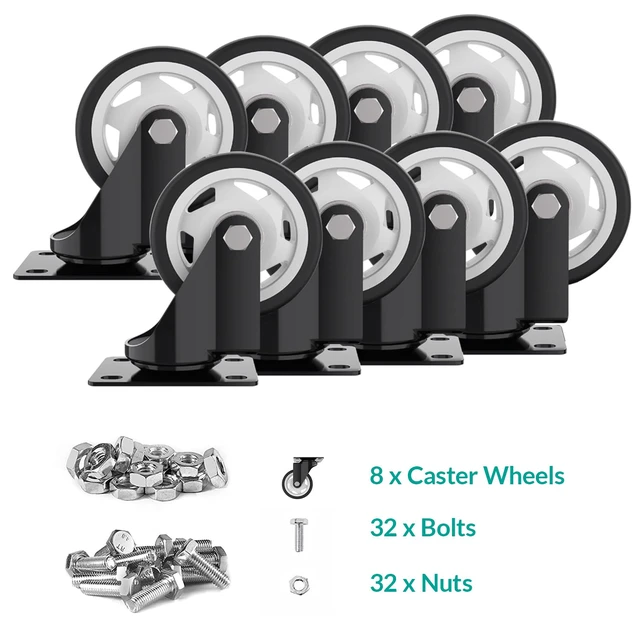 Alt view image 6 of 6 - 4 Inch Heavy Duty Swivel Caster Wheels, No Brake, 8 Pack 2400lbs Max Capacity. Smooth rolling for heavy furniture, industrial workbenches & garage carts. Floor-safe durable steel