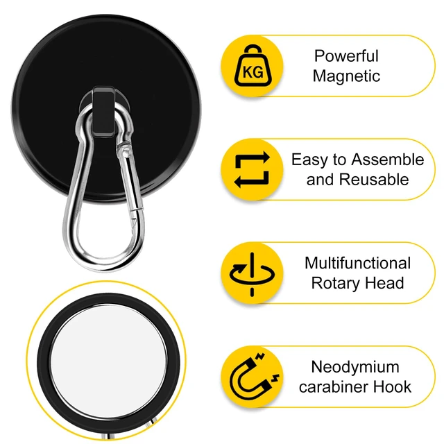 Alt view image 3 of 6 - Magnetic Hooks,Black 4 Pack 200LBS Heavy Duty Magnet Hooks Neodymium Strong Swivel Carabiner Magnet Hooks with Swivel Carabiner,Great for Your Refrigerator and Magnetic Surfaces