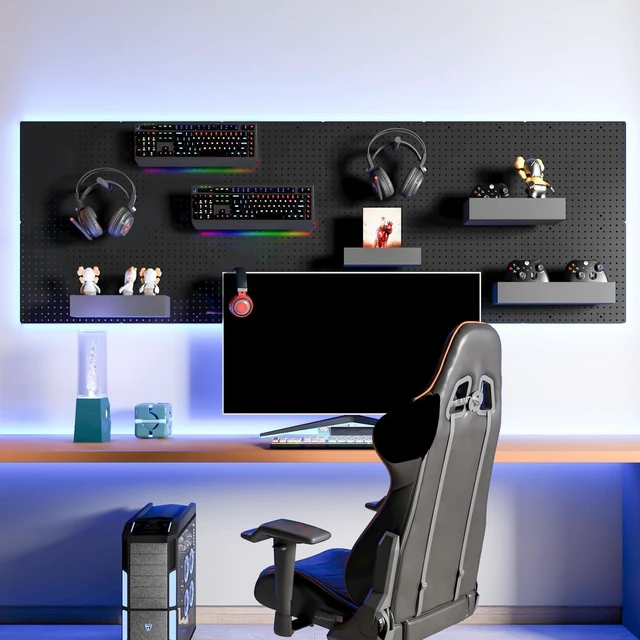 Alt view image 7 of 7 - Modular Plastic Pegboard Wall Organizer Kit, Black, 12x12, 4 Panels ABS material, wall mount storage kit, includes hooks and shelves, drill free or screw installation, for home & gaming room