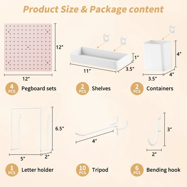Alt view image 3 of 6 - Modular Plastic Pegboard Wall Organizer Kit, Pink, 12x12, 4 Panels ABS material, wall mount storage kit, includes hooks and shelves, drill free or screw installation, for home decor& bedroom