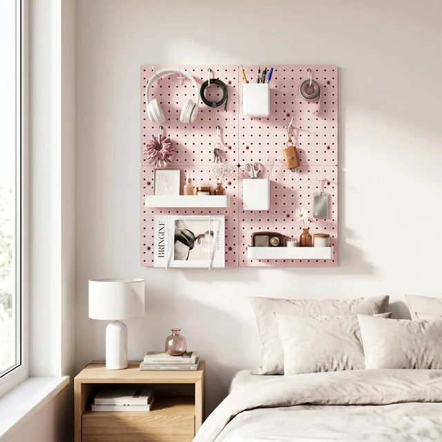 Alt view image 2 of 6 - Modular Plastic Pegboard Wall Organizer Kit, Pink, 12x12, 4 Panels ABS material, wall mount storage kit, includes hooks and shelves, drill free or screw installation, for home decor& bedroom