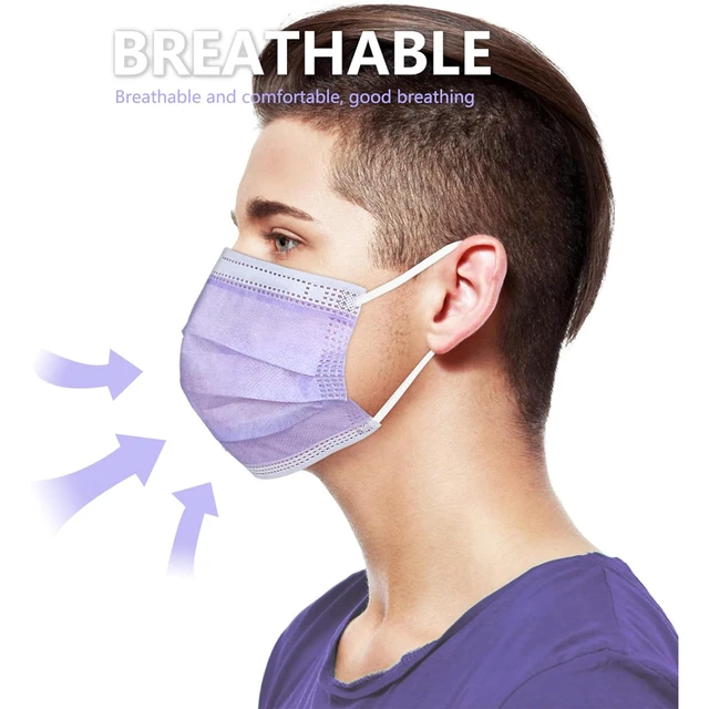 Alt view image 5 of 7 - 100Pcs Disposable Face Masks, Purple Face Mask, 3 Ply Disposable Mask Breathable Mask For Adults, Great For Outdoors, Home, Office, School