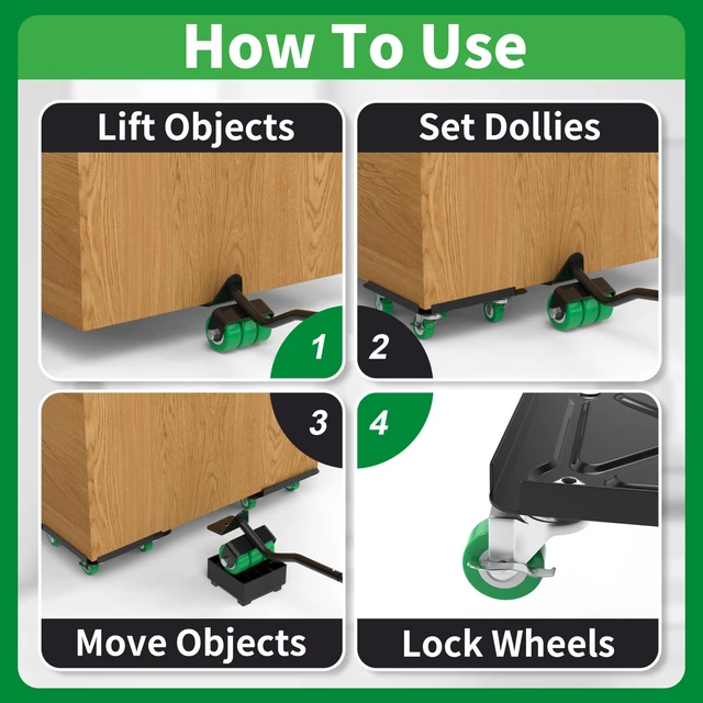 Alt view image 3 of 7 - Heavy Duty Furniture Dolly 360 Rotate 5 Wheels 3000 Lbs Capacity 5.3x5.3 in Furniture Movers with Green Wheels, Measure Tape & Leveler, Alloy Steel Furniture Lifter Tool for Smooth Home & Office Uses