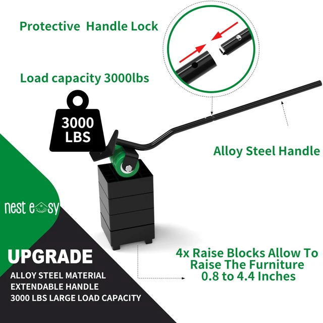 Alt view image 5 of 7 - Heavy Duty Furniture Dolly 360 Rotate 5 Wheels 3000 Lbs Capacity 5.3x5.3 in Furniture Movers with Green Wheels, Measure Tape & Leveler, Alloy Steel Furniture Lifter Tool for Smooth Home & Office Uses