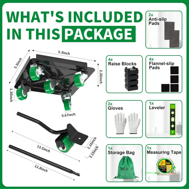 Alt view image 6 of 7 - Heavy Duty Furniture Dolly 360 Rotate 5 Wheels 3000 Lbs Capacity 5.3x5.3 in Furniture Movers with Green Wheels, Measure Tape & Leveler, Alloy Steel Furniture Lifter Tool for Smooth Home & Office Uses