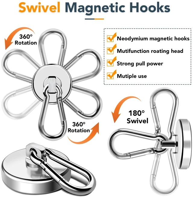 Alt view image 5 of 7 - Magnetic Hooks Heavy Duty 110LBS+ Strong Neodymium Magnets With Swivel Carabiner Hook Magnets with Hooks Magnetic Hangers for Locker Kitchen Cruise Cabin Office 10 Pack