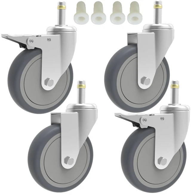 Main image of 5-Inch Swivel Stem Caster, 7/16-Inch Stem Diameter Rubber Wheel, Heavy Duty TPR Thermoplastic Rubber Replacement Wheels, 225-lb per Wheel- 4 Pack(2 Brakes 2 Swivel)