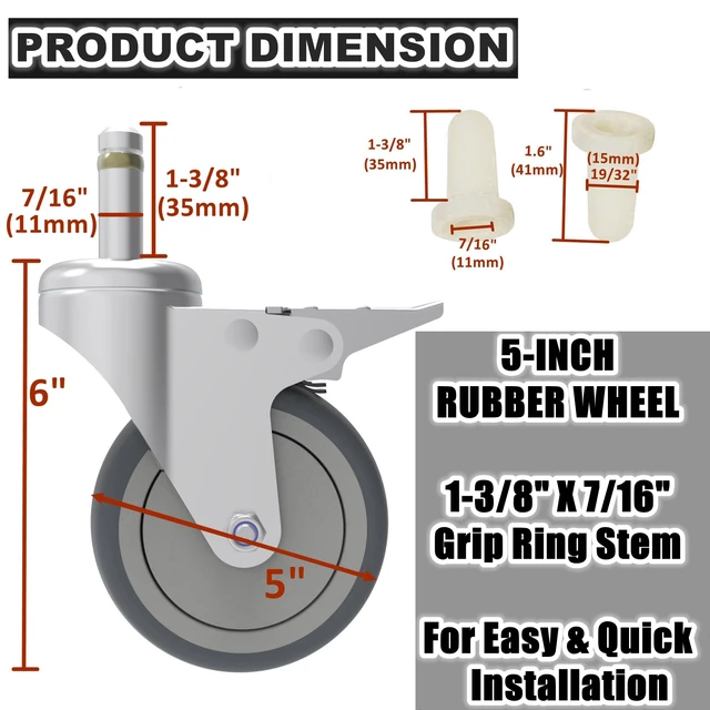 Alt view image 2 of 7 - 5-Inch Swivel Stem Caster, 7/16-Inch Stem Diameter Rubber Wheel, Heavy Duty TPR Thermoplastic Rubber Replacement Wheels, 225-lb per Wheel- 4 Pack(2 Brakes 2 Swivel)