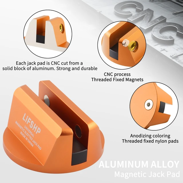 Alt view image 2 of 6 - 2Pcs Universal Aluminum Magnetic Grooved Pinch Weld Jack Pad-Orange Frame Rail Jack Pad Adapter for SUV, Pickup, Sedan, MPV & Wagon, Essential for DIY Tire Changing & Vehicle OilChange Repairs