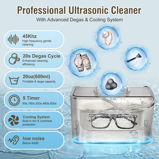 Alt view image 2 of 7 - Professional Ultrasonic Jewelry Cleaner 600ml (20 oz), Silver 45kHz Ultrasonic Cleaning with 5 Digital Timers and Watch Holder for Jewelry, Eyeglasses, Rings, Coins, Dentures and Watches