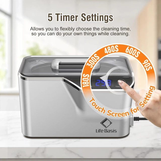 Alt view image 4 of 7 - Professional Ultrasonic Jewelry Cleaner 600ml (20 oz), Silver 45kHz Ultrasonic Cleaning with 5 Digital Timers and Watch Holder for Jewelry, Eyeglasses, Rings, Coins, Dentures and Watches