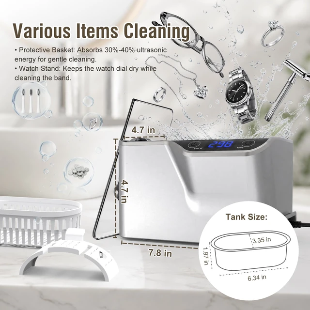 Alt view image 7 of 7 - Professional Ultrasonic Jewelry Cleaner 600ml (20 oz), Silver 45kHz Ultrasonic Cleaning with 5 Digital Timers and Watch Holder for Jewelry, Eyeglasses, Rings, Coins, Dentures and Watches