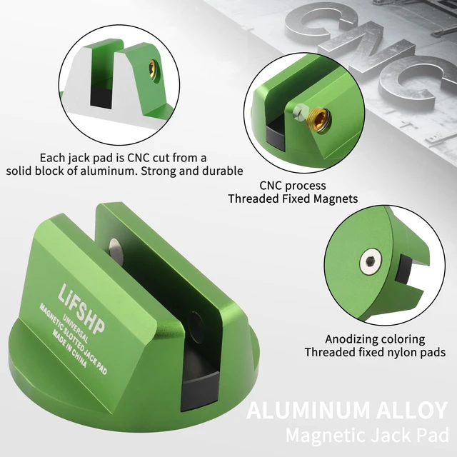 Alt view image 2 of 6 - 2Pcs Universal Aluminum Magnetic Grooved Pinch Weld Jack Pad-Green Frame Rail Jack Pad Adapter for SUV, Pickup, Sedan, MPV & Wagon, Essential for DIY Tire Changing & Vehicle OilChange Repairs