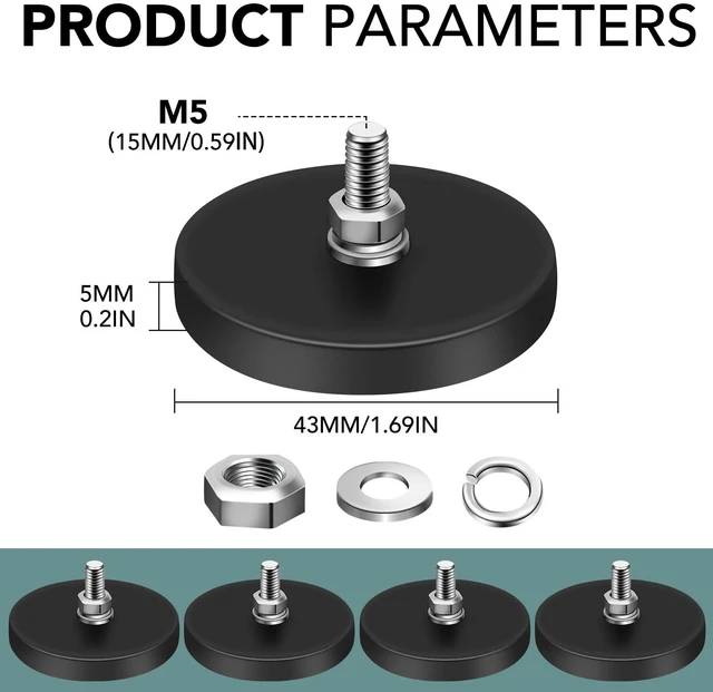 Alt view image 2 of 7 - 24Pack Rubber Coated Magnets, 1.69 Inch, 30LBS Rubber Coated Neodymium Magnets with M5 Magnetic Assembly Base for Light Bar Mirror Camera Tool