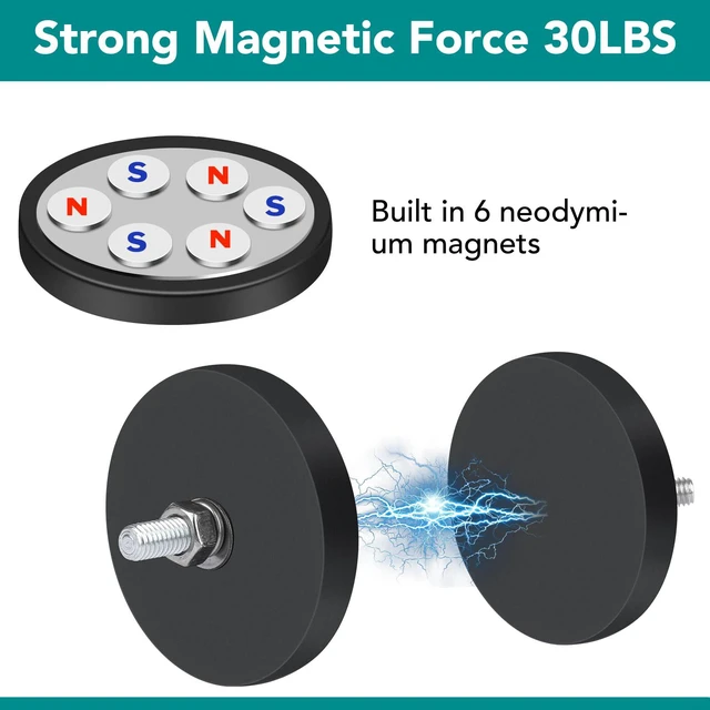 Alt view image 3 of 7 - 24Pack Rubber Coated Magnets, 1.69 Inch, 30LBS Rubber Coated Neodymium Magnets with M5 Magnetic Assembly Base for Light Bar Mirror Camera Tool