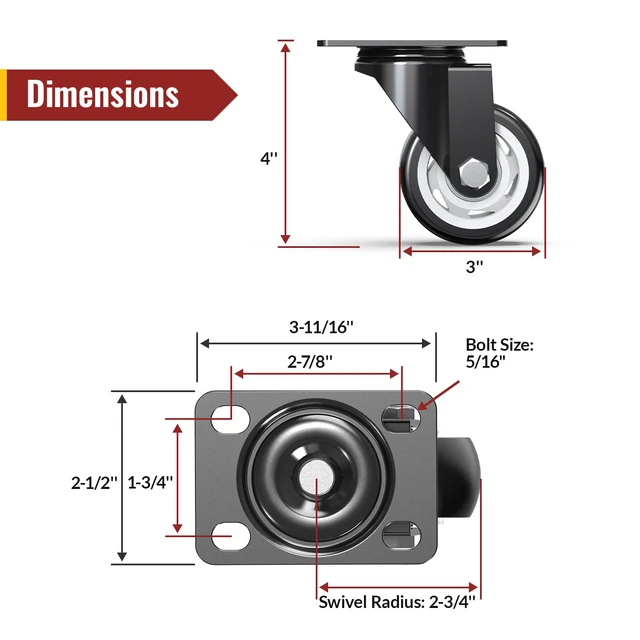 Alt view image 2 of 7 - 3 Inch Heavy Duty Swivel Plate Caster Wheels, No Brakes, 8 Pack
