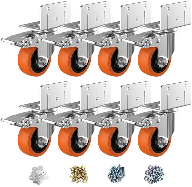 Main image of 3" L-Shaped Caster Wheels Set of 8, Side Mount Swivel Casters With Brake, Polyurethane Wheels, Non-Marking. 360° Double Ball Bearing. For Workbench, Shelving, Cart, Garage, Workshop