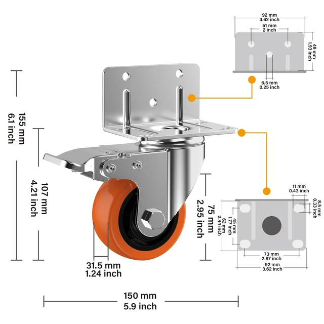 Alt view image 2 of 7 - 3" L-Shaped Caster Wheels Set of 8, Side Mount Swivel Casters With Brake, Polyurethane Wheels, Non-Marking. 360° Double Ball Bearing. For Workbench, Shelving, Cart, Garage, Workshop