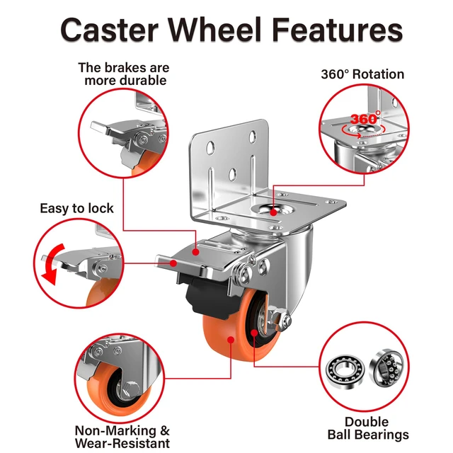 Alt view image 3 of 7 - 3" L-Shaped Caster Wheels Set of 8, Side Mount Swivel Casters With Brake, Polyurethane Wheels, Non-Marking. 360° Double Ball Bearing. For Workbench, Shelving, Cart, Garage, Workshop
