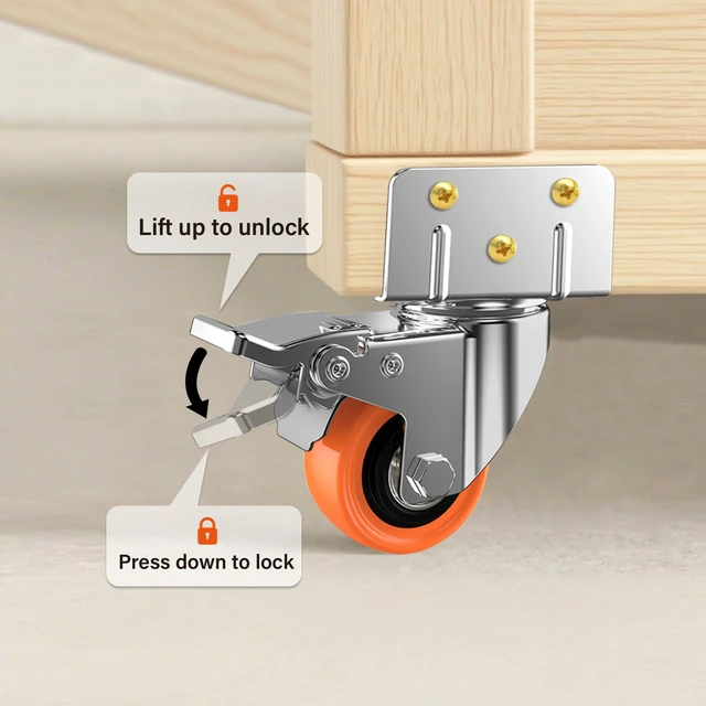 Alt view image 4 of 7 - 3" L-Shaped Caster Wheels Set of 8, Side Mount Swivel Casters With Brake, Polyurethane Wheels, Non-Marking. 360° Double Ball Bearing. For Workbench, Shelving, Cart, Garage, Workshop