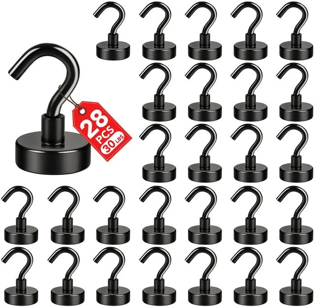 Main image of 28 Pack Magnetic Hooks,30Lb Magnetic Hooks, Black Heavy Duty with Epoxy Coating for Refrigerator, Cruise, Grill, Kitchen,Home