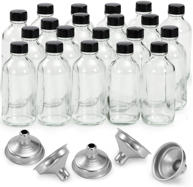 Main image of 20 Pack, 4 oz Small Clear Glass Bottles with Lids & 5 Stainless Steel Funnels - 120ml Boston Sample Bottles for Potion, Juice, Wellness, Ginger Shots, Whiskey, Liquids - Mini Travel Essential Bottle
