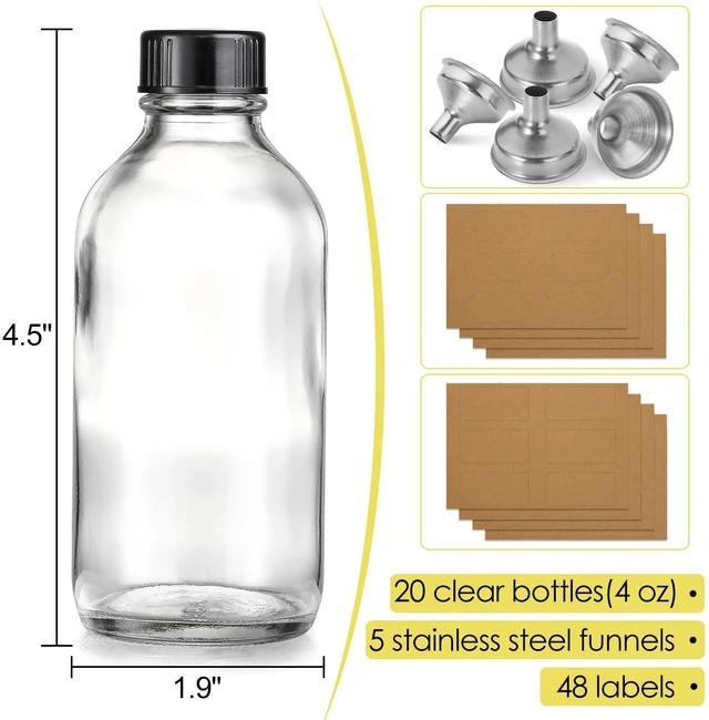 Alt view image 2 of 7 - 20 Pack, 4 oz Small Clear Glass Bottles with Lids & 5 Stainless Steel Funnels - 120ml Boston Sample Bottles for Potion, Juice, Wellness, Ginger Shots, Whiskey, Liquids - Mini Travel Essential Bottle