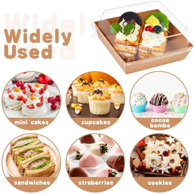 Alt view image 7 of 7 - 100 Pack 4 Inches Small Charcuterie Boxes with Clear Lids Paper Bakery Boxes, Brown Dessert Boxes, Disposable To Go Food Containers, For Cookie, Mini Cake, Chocolate Strawberry