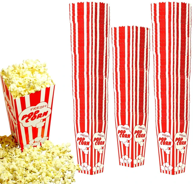 Main image of 110 Tall Movie Night Paper Popcorn Boxes Nostalgic Red White Stripe Large buckets hold 46oz, stand 7.75 inches, with vintage, old-fashioned retro carnival stripes. Other quantities available